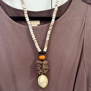 Tribal Ethnic African Marble Egg Pendant Amber Bead Wood Shell Necklace Boho 24”